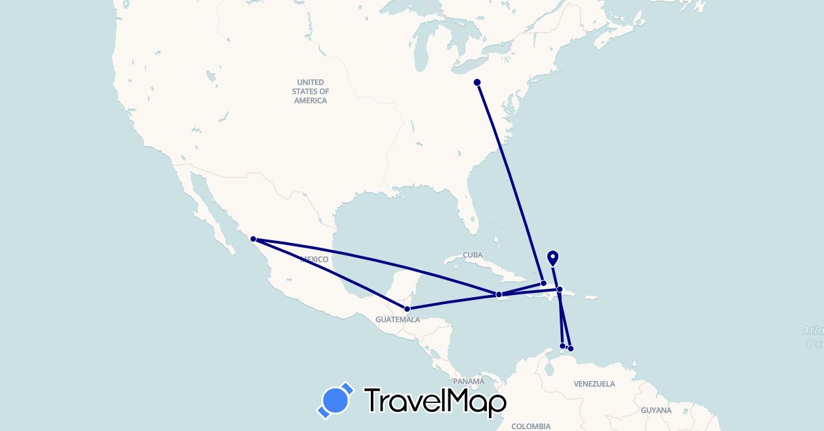 TravelMap itinerary: driving in Belize, Dominican Republic, Haiti, Jamaica, Mexico, Netherlands, Turks and Caicos Islands, United States (Europe, North America)